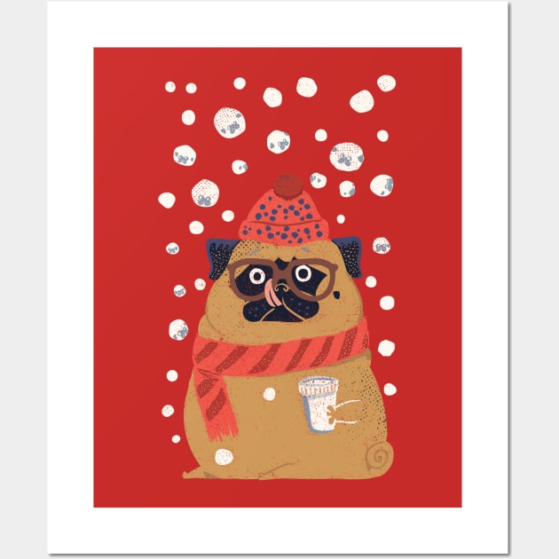 Pug in Snow Wall Art by huebucket